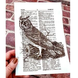 Wise Owl - Upcycled Dictionary Art Print - 6"x9" Mini Poster -‎ Nature Avian